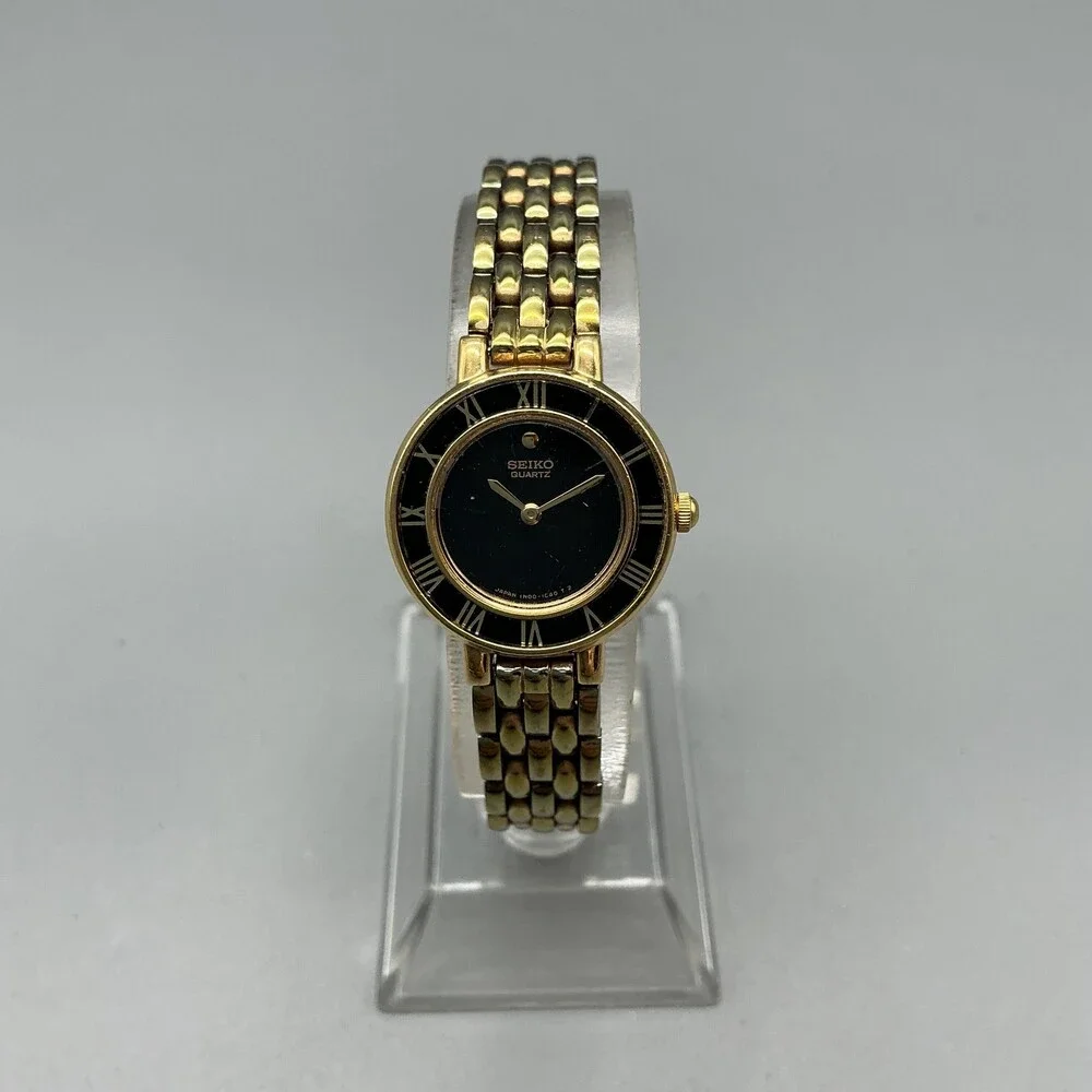 Vintage Seiko Womens Watch 21mm Black Dial Gold Tone 1N00-0D29 New Battery 6.5
